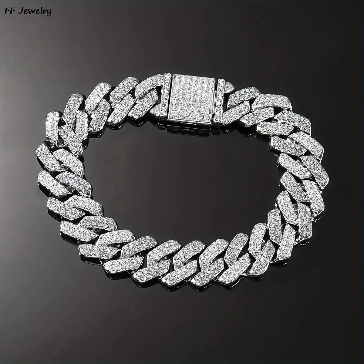 14mm Hip Hop Shiny Cuban Link Chain Bracelets Women Men Gold Color Rhinestone Iced Out Chain Bracelets Punk Wristband Jewelry 240717