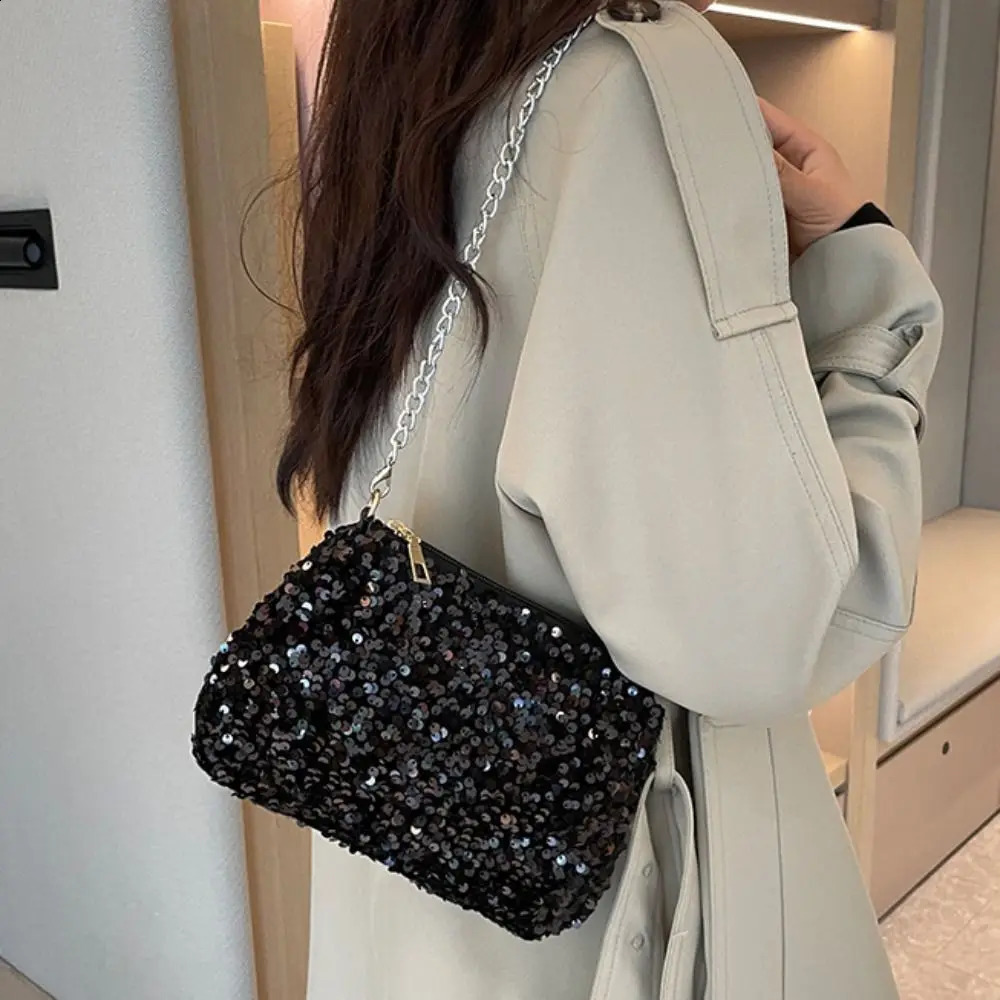Solid Color Sequins Crossbody Bag Simple Chain INS Small Square Handbag Underarm Evening Clutch Female 240729