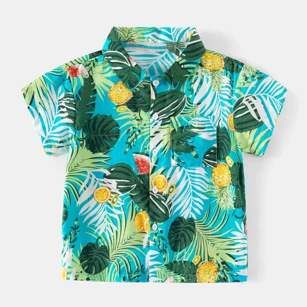 Summer Boys Shirt Beach Graphic Printed Short Sleeve Casual Button Childrens 2-8 Piece Holiday Seaside Childrens Shirt TopW240729