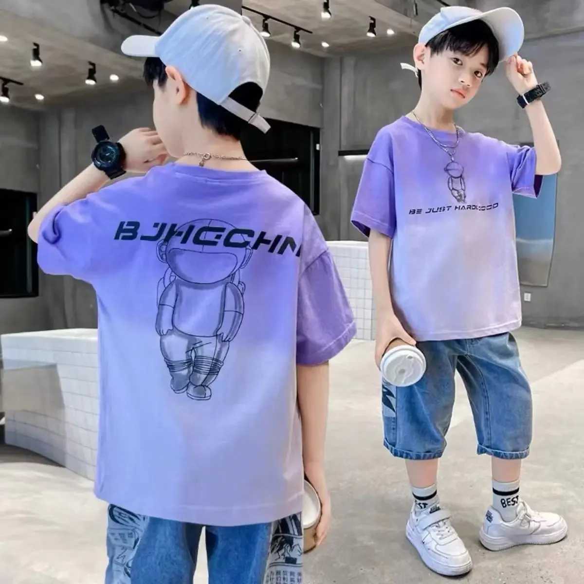 T-shirts Boys Summer Cotton Fashion Gradient Short Sleeve T-shirts 2023 New Youth Teenage 5-14 Years Boys Streetwear Outfits Tops ClothesL24729