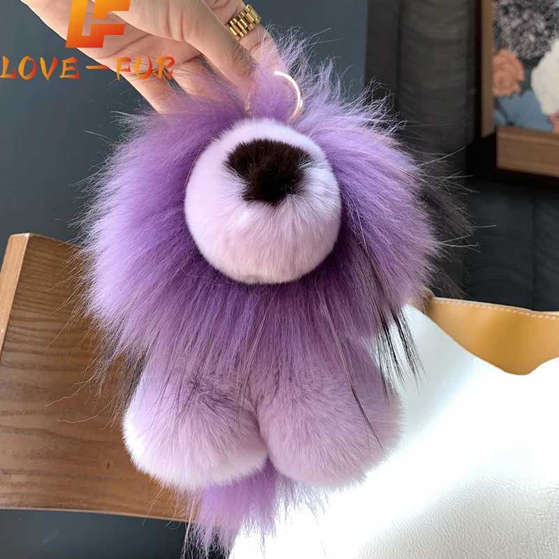 2024 Women Real Rex Rabbit Fur Bag Purse Ornaments Car Key Ring Fur Strap Kids Plush Toys Gift Cute Small Lion Pendant KeychainL240729