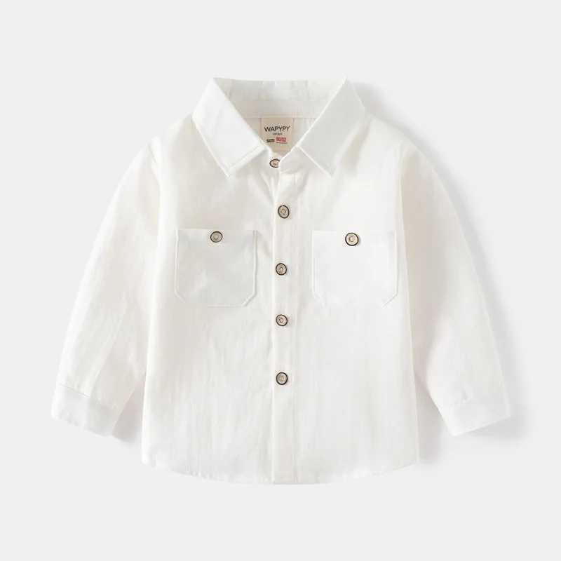 Childrens long sleeved shirt spring and autumn boys double sleeved pocket childrens long sleeved collar solid color pure cotton age 3-8W240729