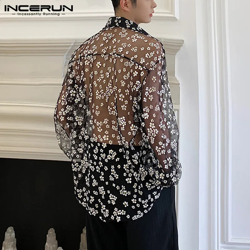 INCERUN Fashion Men Mesh Shirt Long Sleeve Transparent Printing Casual Loose Tops Streetwear Lapel Party Clubwear Tops Casmias 240729
