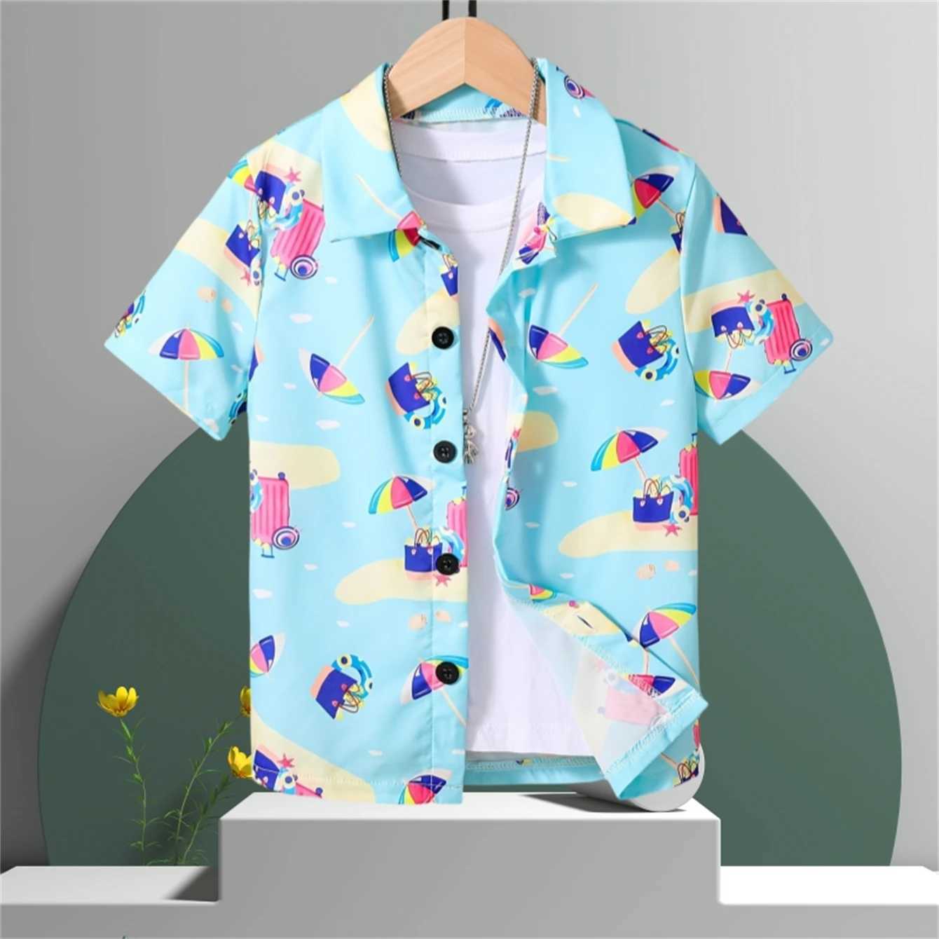 2024 childrens clothing cartoon beach print boys creative shirt casual short sleeved top boys summer childrens shirt T-shirtW240729