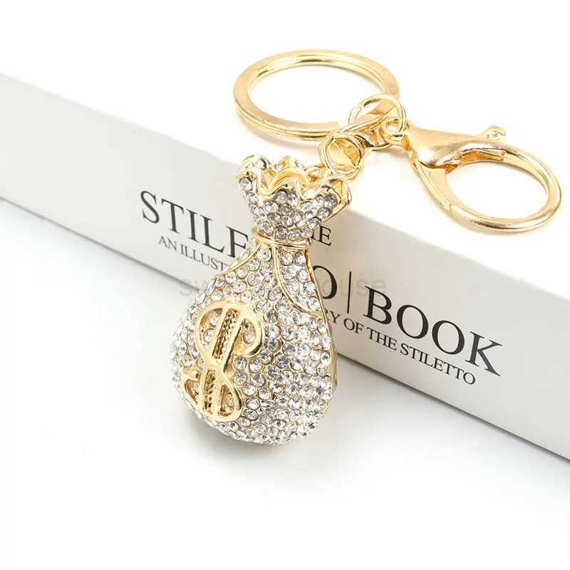Exquisite Rhinestones Inlaid Dollar Sign Money Bag Keychain Trendy Jewelry Lucky Bag Keyring Bag Car Keys Decoration AccessoryL240729