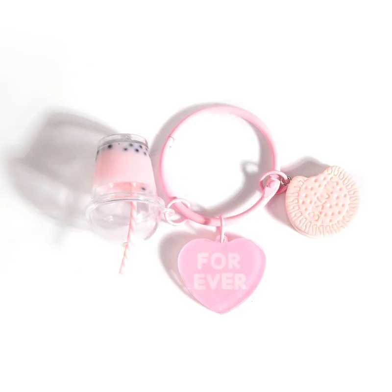 Cute Keychains Ice-cream Bubble Tea Biscuit Pink Key Rings Friendship For Best Friend Women Girl Handbag Gift JewelryL240729