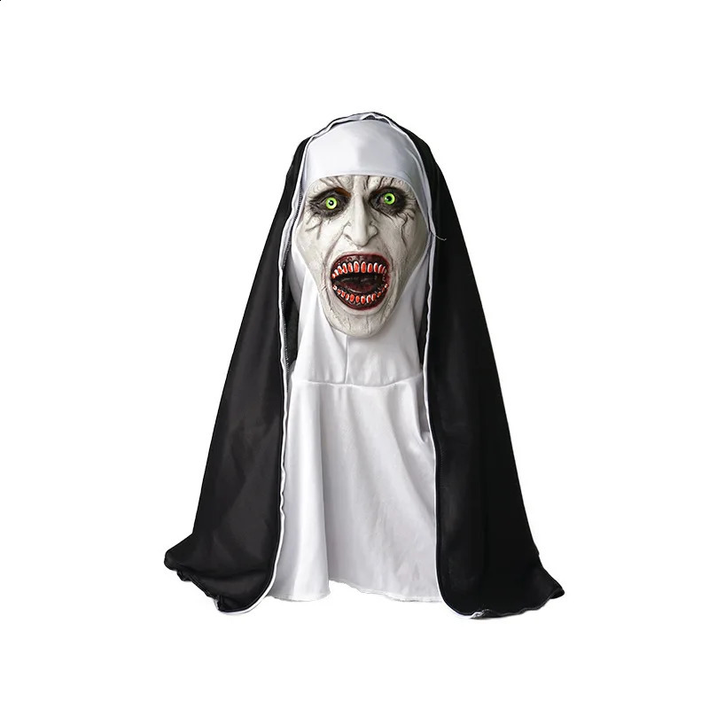 Horror Nun Latex Mask with Head Scarf Cosplay Costume Headgear Halloween Fancy Dress Party Carnival Scary Ghost Nun Mask 240729