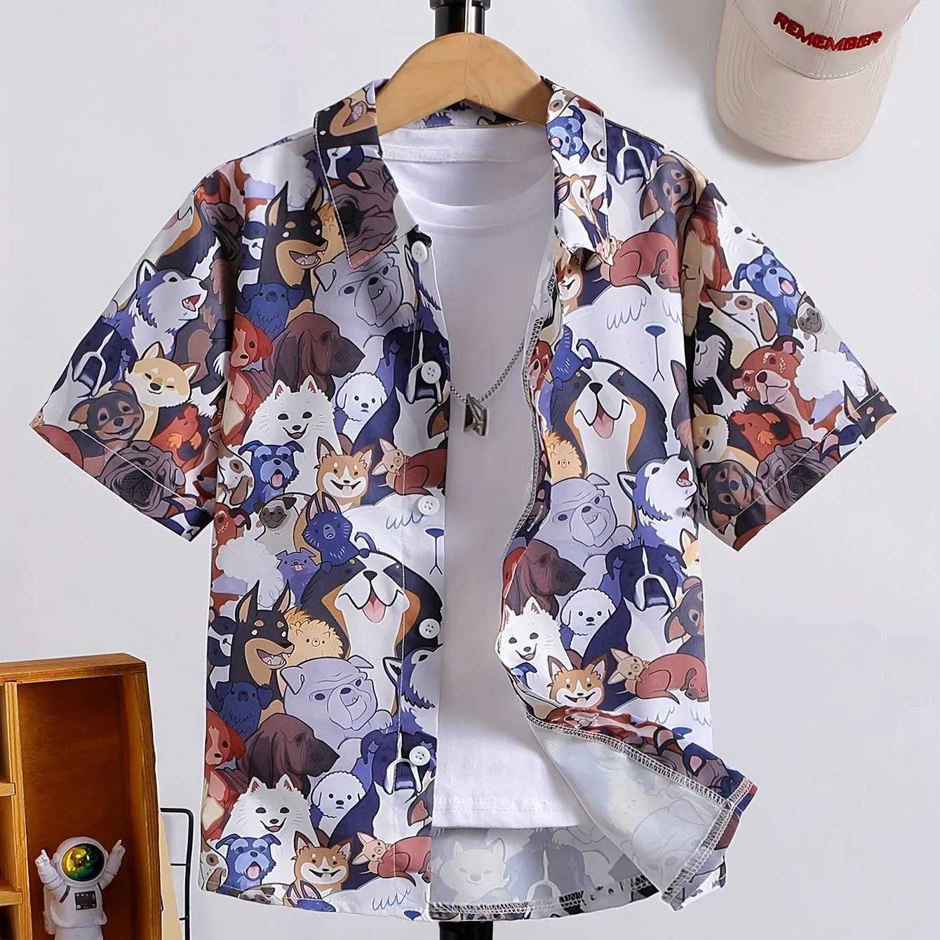 Boys and girls cartoon fashion printed pattern cute short sleeved casual shirt childrens clothing button loose holiday shirt topW240729