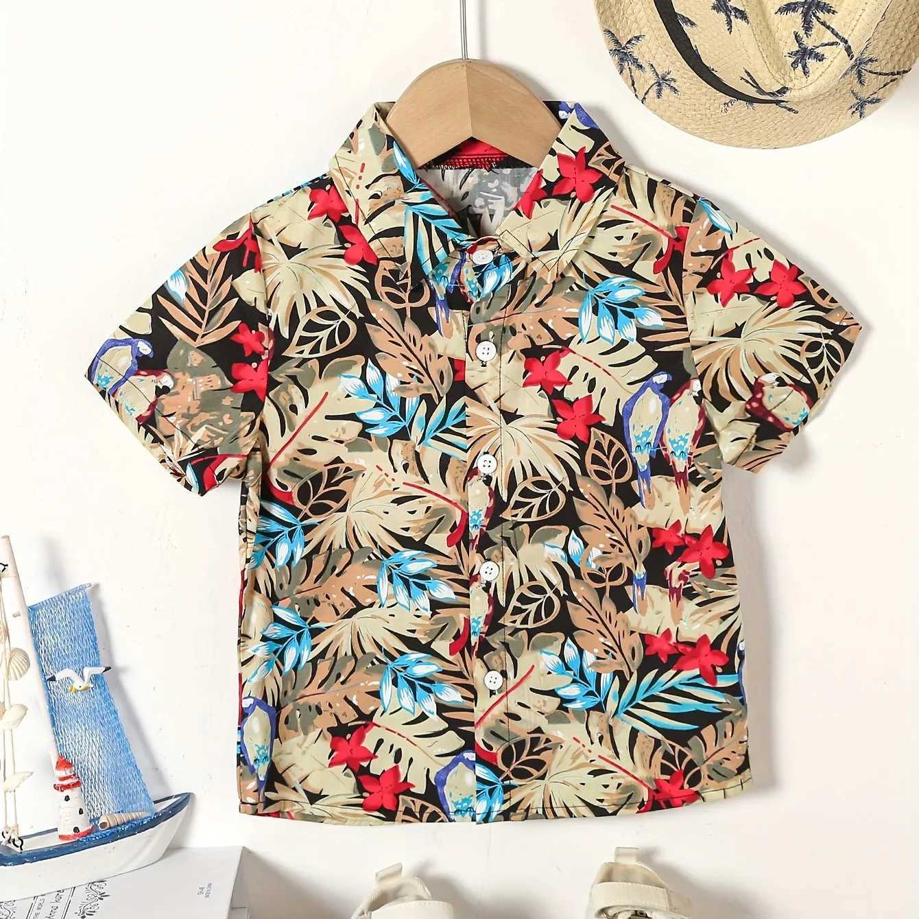 Boys Summer Holiday Party Style Flower and Leaf Full Print Childrens Short Sleeve Collar Shirt Childrens Summer TopW240729