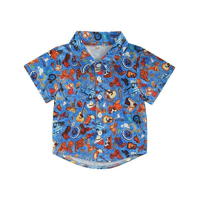 Boys summer shirt with cartoon pattern printing childrens lapel collar short sleeved shirt button up childrens clothingW240729