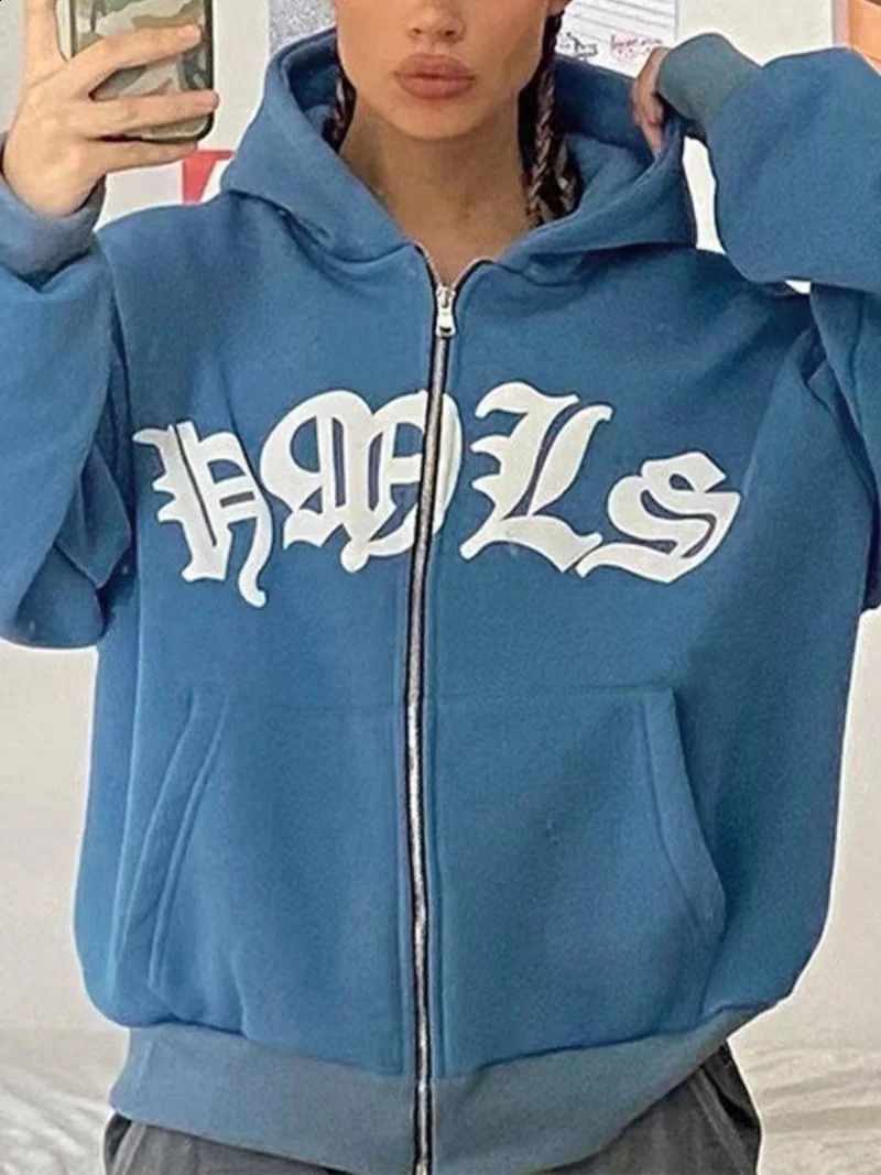 Y2K zip up hoodie Harajuku Hip Hop Punk streetwear goth Letter printing oversized hoodie Sweatshirt Vintage Loose Clothes 240729