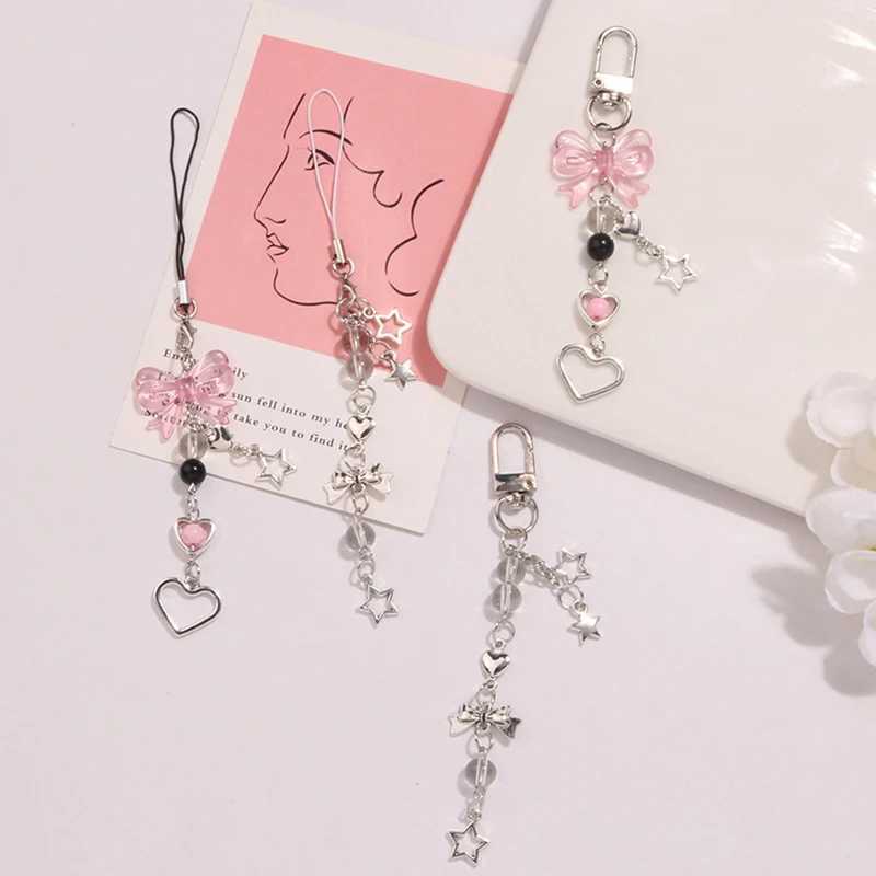 Goth Y2K Phone Charm Bow Heart Star Keychain Pendant Kawaii Key Chain Bag Phone Chain Cute Accessory For Girls Women JewelryL240729