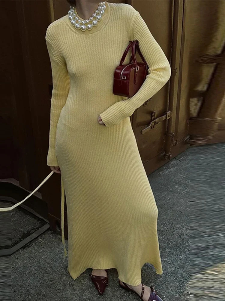 Knitted Backless Dresses For Women Long Sleeve Maxi Womens Dress O-Neck Elastic Slim Lace Up Back Dress 2024 Autumn Female Robe 240729