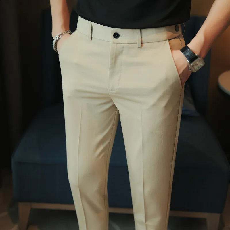 Men Dress Pants Summer Ankle Length Business Suit Pants For Men Fashion Elastic Waist Slim Fit Casual Business Office Trousers 240729