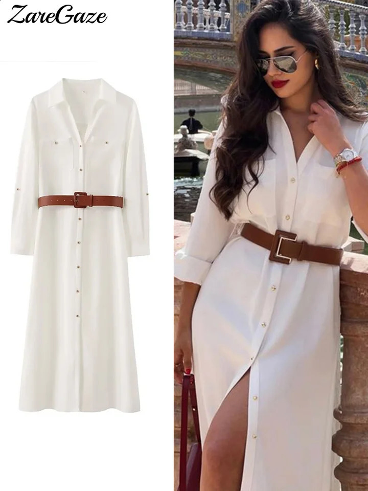 Elegant Pleated Belt Dress Women Turn-down Collar Long Sleeve Single Breasted Dresses Female 2024 Spring Summer Lady Vestidos 240729