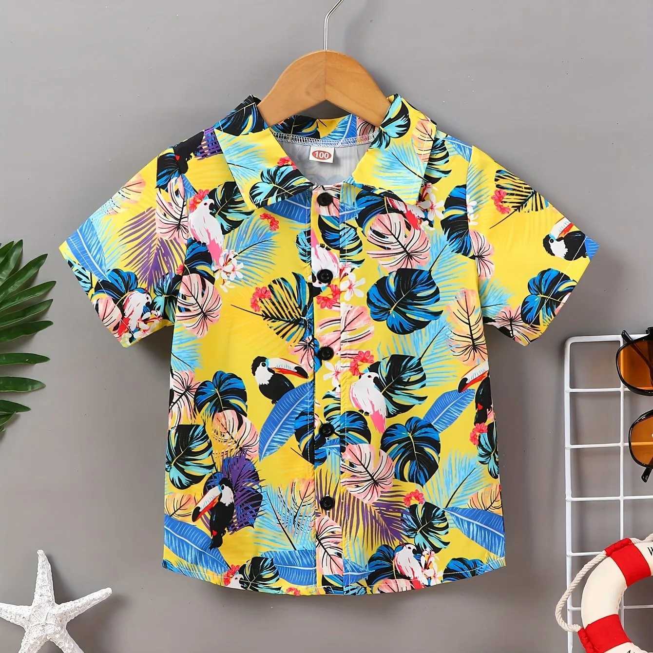 2024 Childrens Clothing Boys Summer Beach and Palm Tree Theme Graphic Full Print Shirt Casual Lightweight Short Sleeve TopW240729