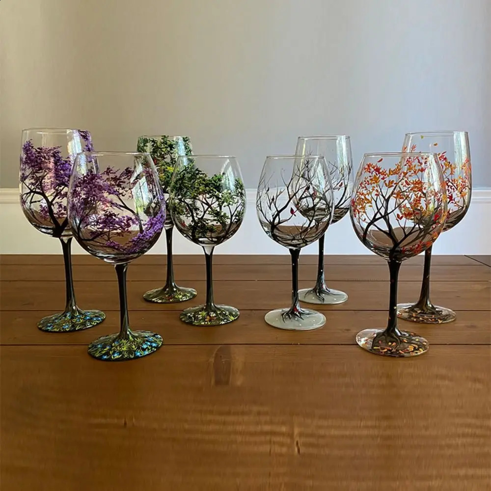 Update Four Seasons Trees Glasses Creative Printed High Legged For Wine Beer Cocktail Large Capacity Glass Cup Set 240729