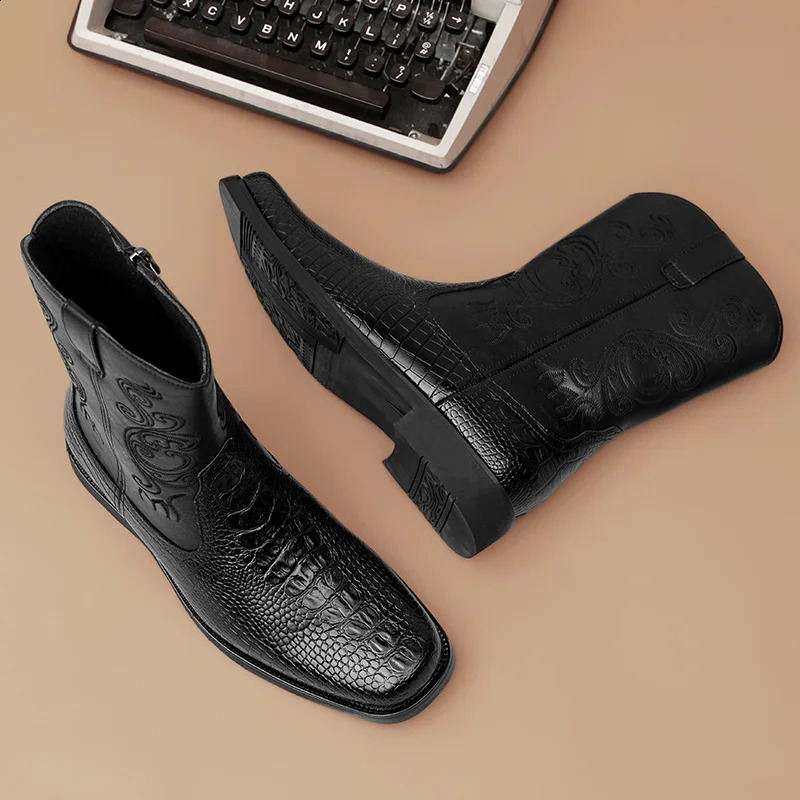 Western Motorcycle Knight Cowboy Boots Men High Quality Embroidered Mid Calf Leather Boots Genuine Leather Man High Top Footwear 240724