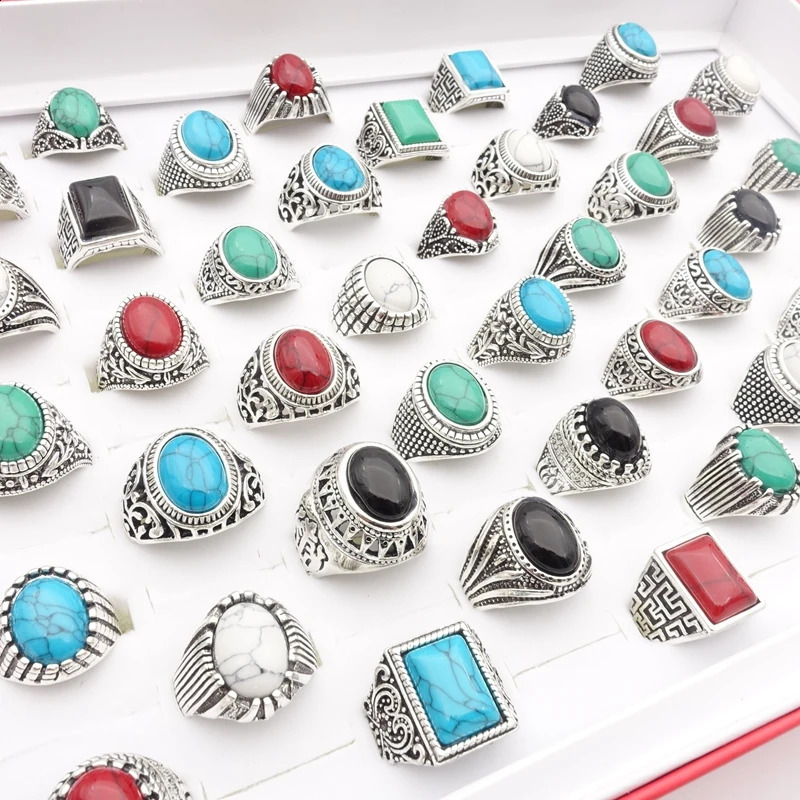 2050100 pieces of vintage silver plated rings suitable for wholesale mens gold fashionable fingers jewelry and glass stone 240723