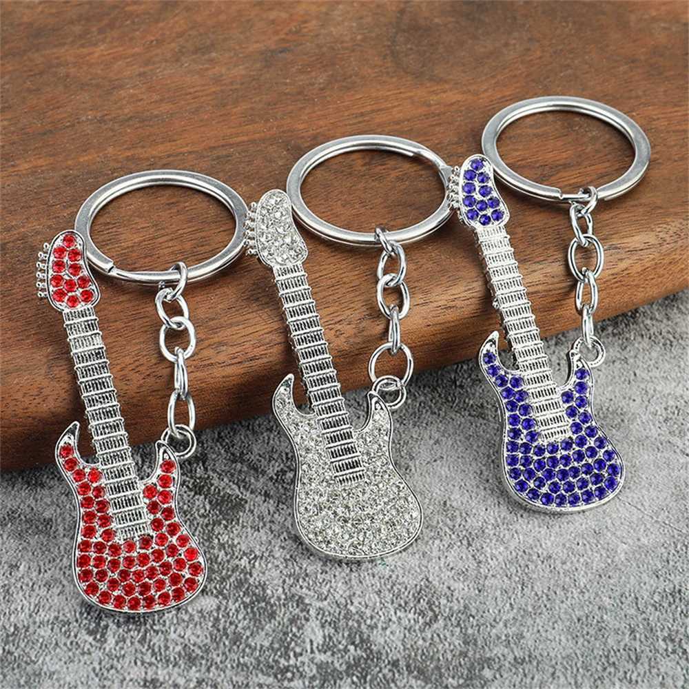 Creative Mini Musical Instruments Guitar Keychain Multi-Color Rhinestone Keyring Women Men Car Handbag Phone Case Pendent GiftL240729