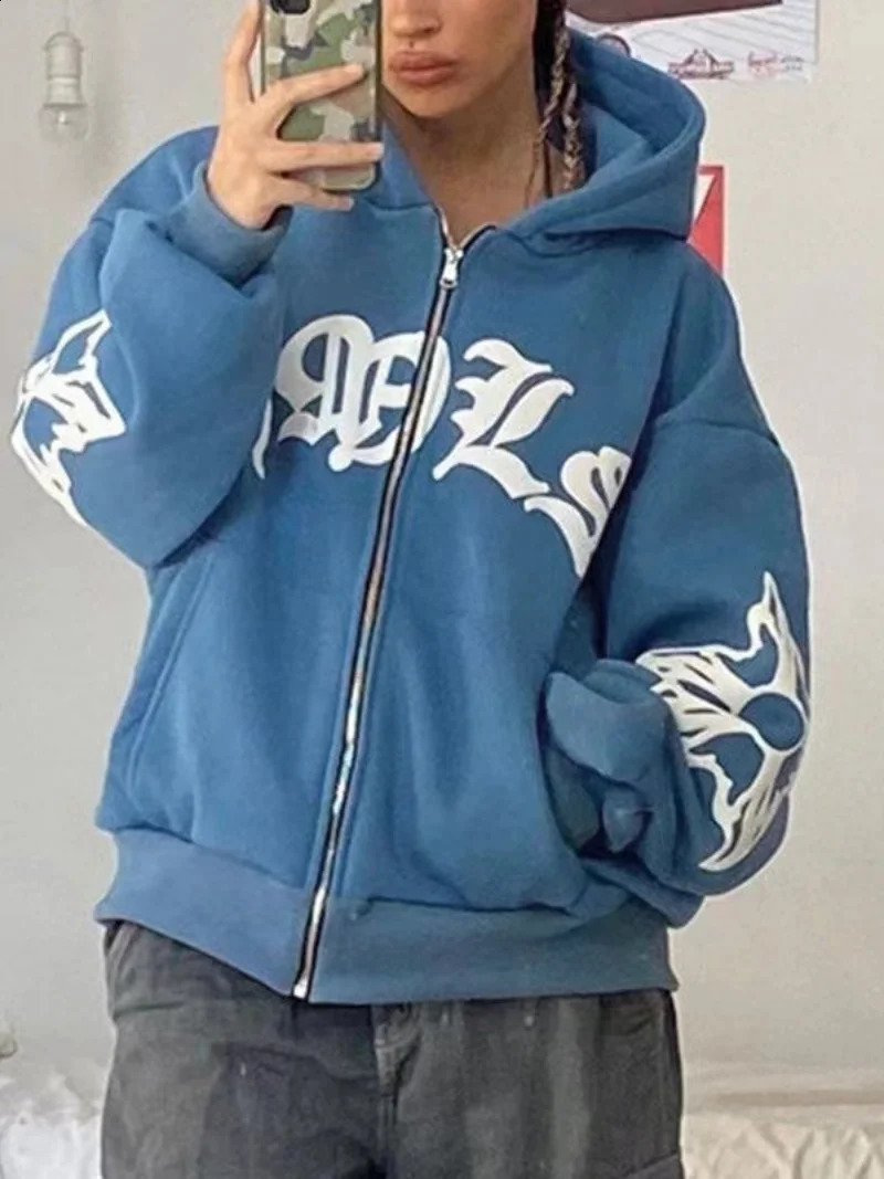 Y2K zip up hoodie Harajuku Hip Hop Punk streetwear goth Letter printing oversized hoodie Sweatshirt Vintage Loose Clothes 240729