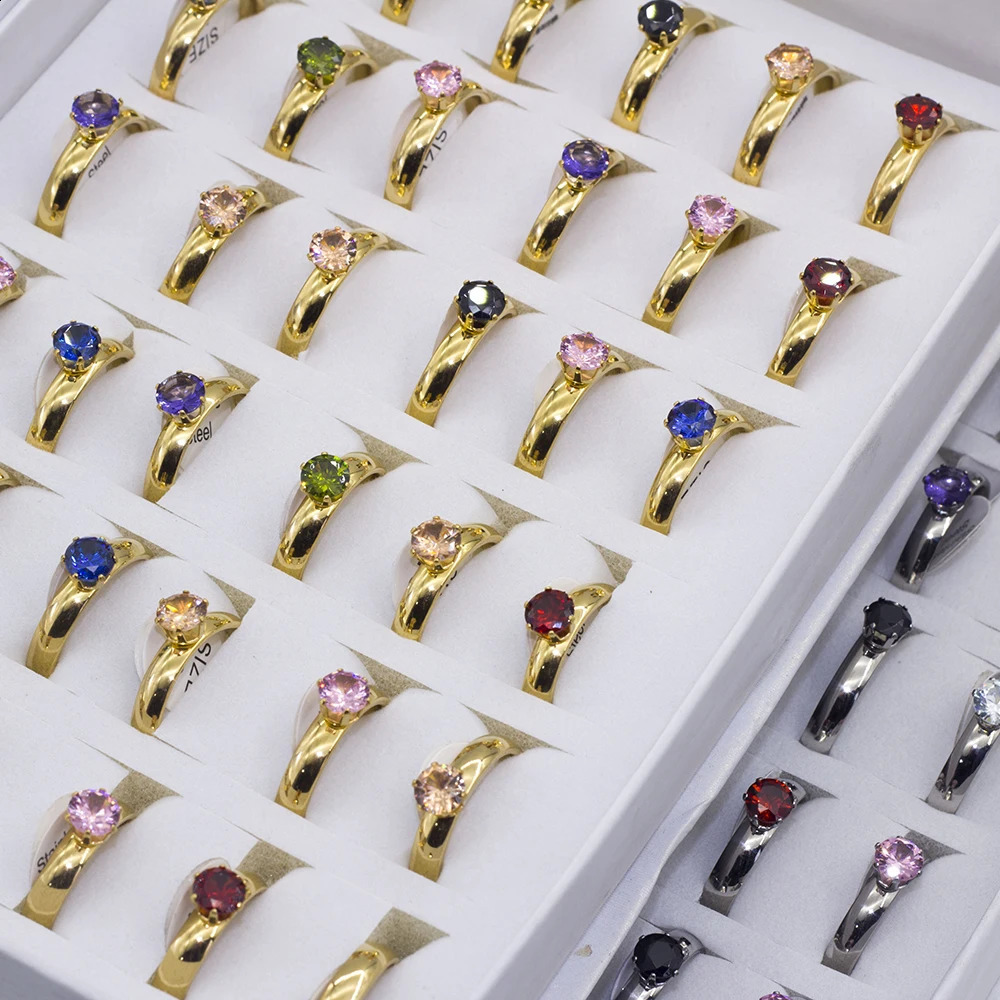 36 piecesbatch of fashionable colored crystal stainless steel rings suitable for mixed color wedding engagement jewelry women with box 240723