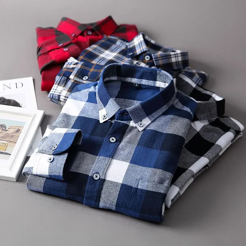 Mens Plaid Brushed Flannel Long Sleeve Shirts Single Pocket Comfortable Casual Cotton Fashion Slim Fit Button Down Shirts Clothe 240729