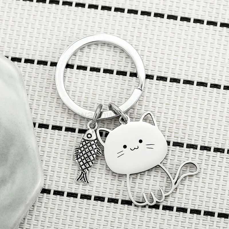 Funny Cartoon Cat Fish Keychain Couple Lovers Stainless Steel Keyring Lovely Pendant Key Chain Valentines Day Gift JewelryL240729