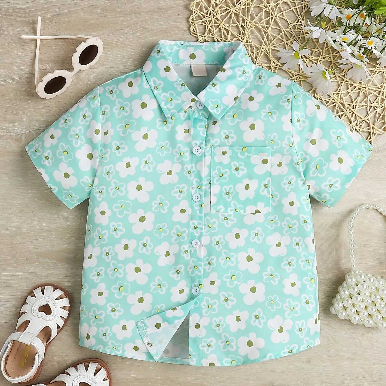 Girls cute sweet print style short sleeved shirt lightweight summer vacation top fashion collarW240729