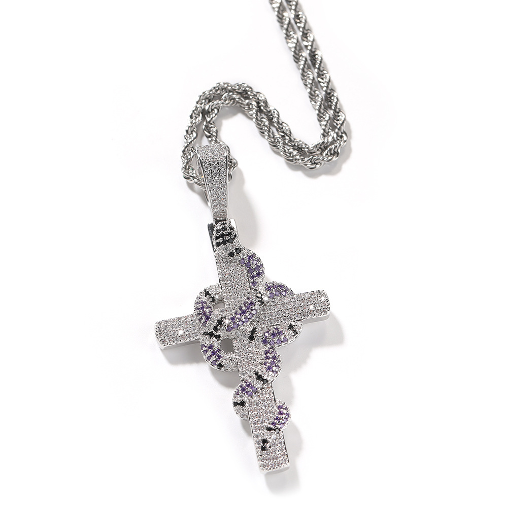 Hip Hop Colorful Snake Cross Pendant Necklace TopBling Full Cubic Zirconia Religious Jewelry