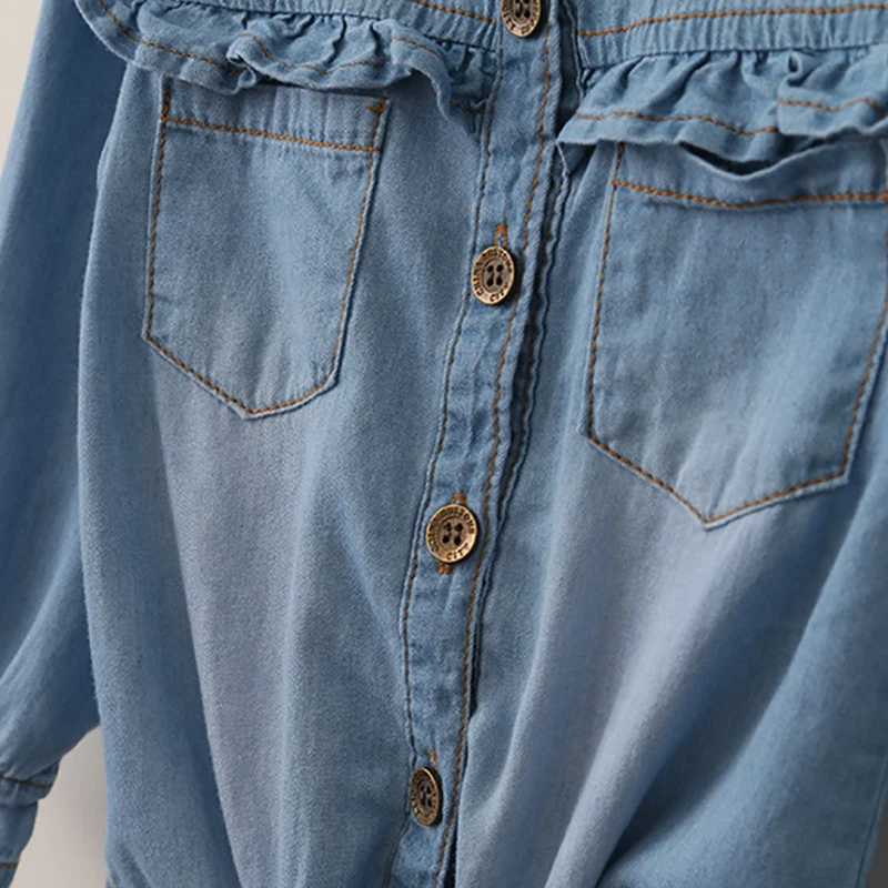 Girls autumn denim shirt casual ruffled shirt childrens tie and knot shirt childrens baby girl long sleeved shirt childrens clothing springW240729