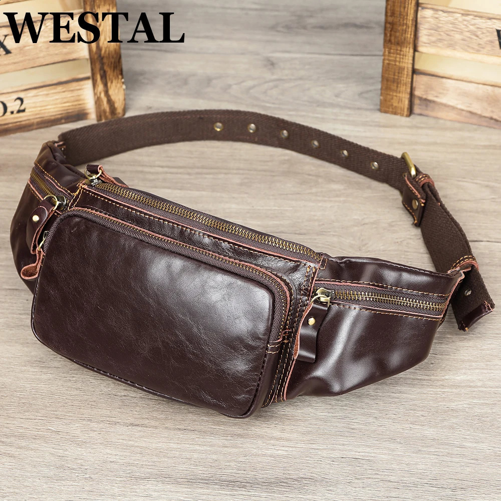 WESTAL Mens Genuine Leather Waist Bags Male Fanny Pack Vintage Phone Bags Leather Messenger Bags Purses Sport Waist Pack 9999 240729