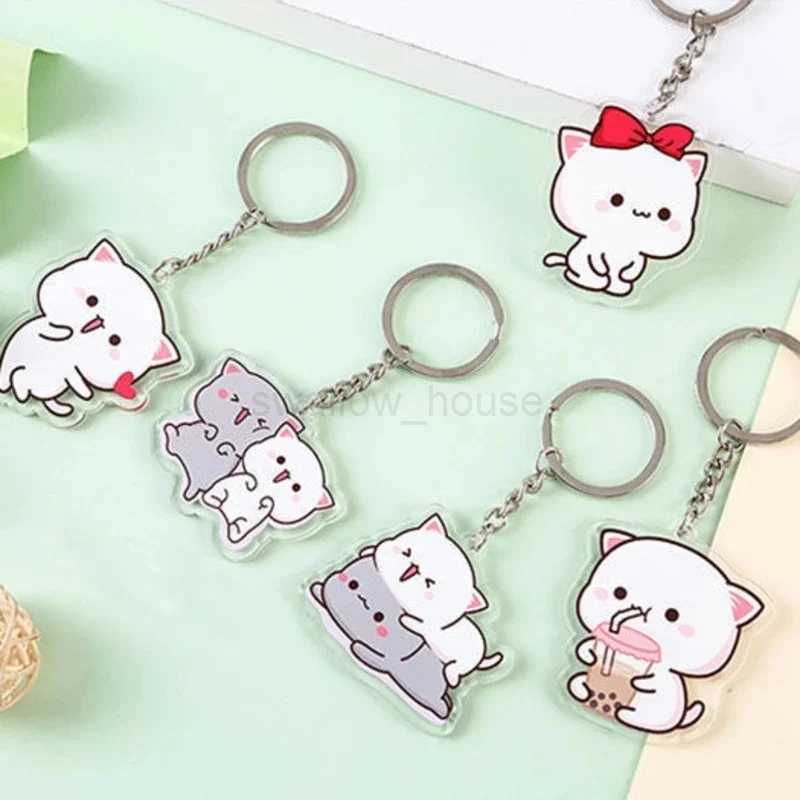 Mitao Cat Anime Keychain Net Red Cute Couple Peach Schoolbag Ornaments Surrounding Stand Pendant Charm Keyring GiftL240729