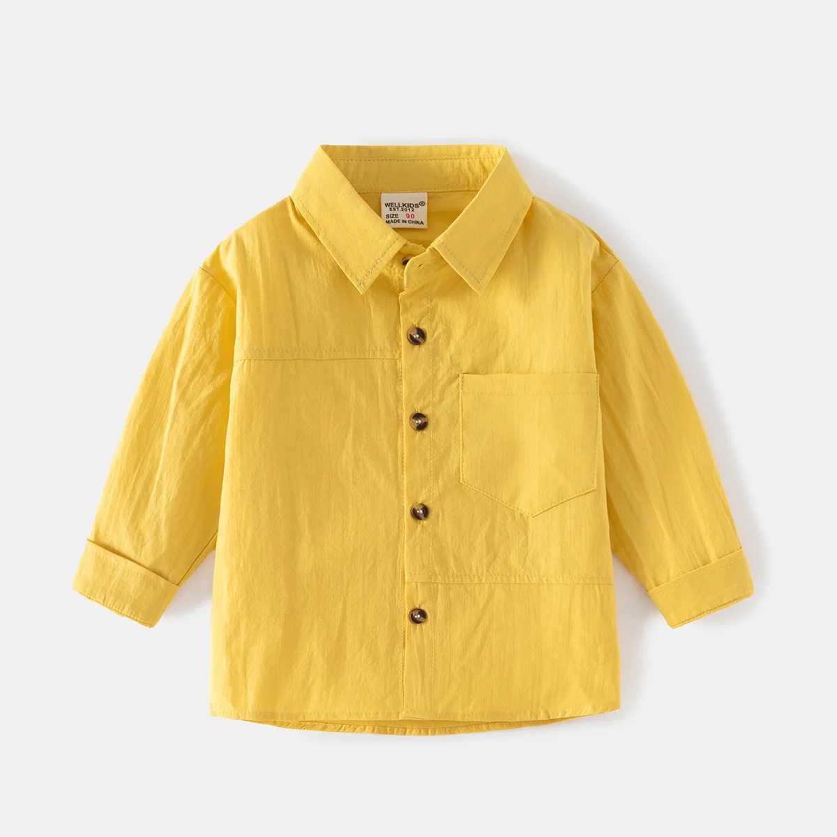Solid color boys shirt long sleeved toddler top with pockets for childrens clothingW240729