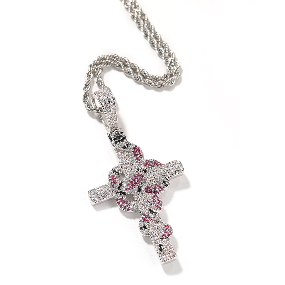 Hip Hop Colorful Snake Cross Pendant Necklace TopBling Full Cubic Zirconia Religious Jewelry