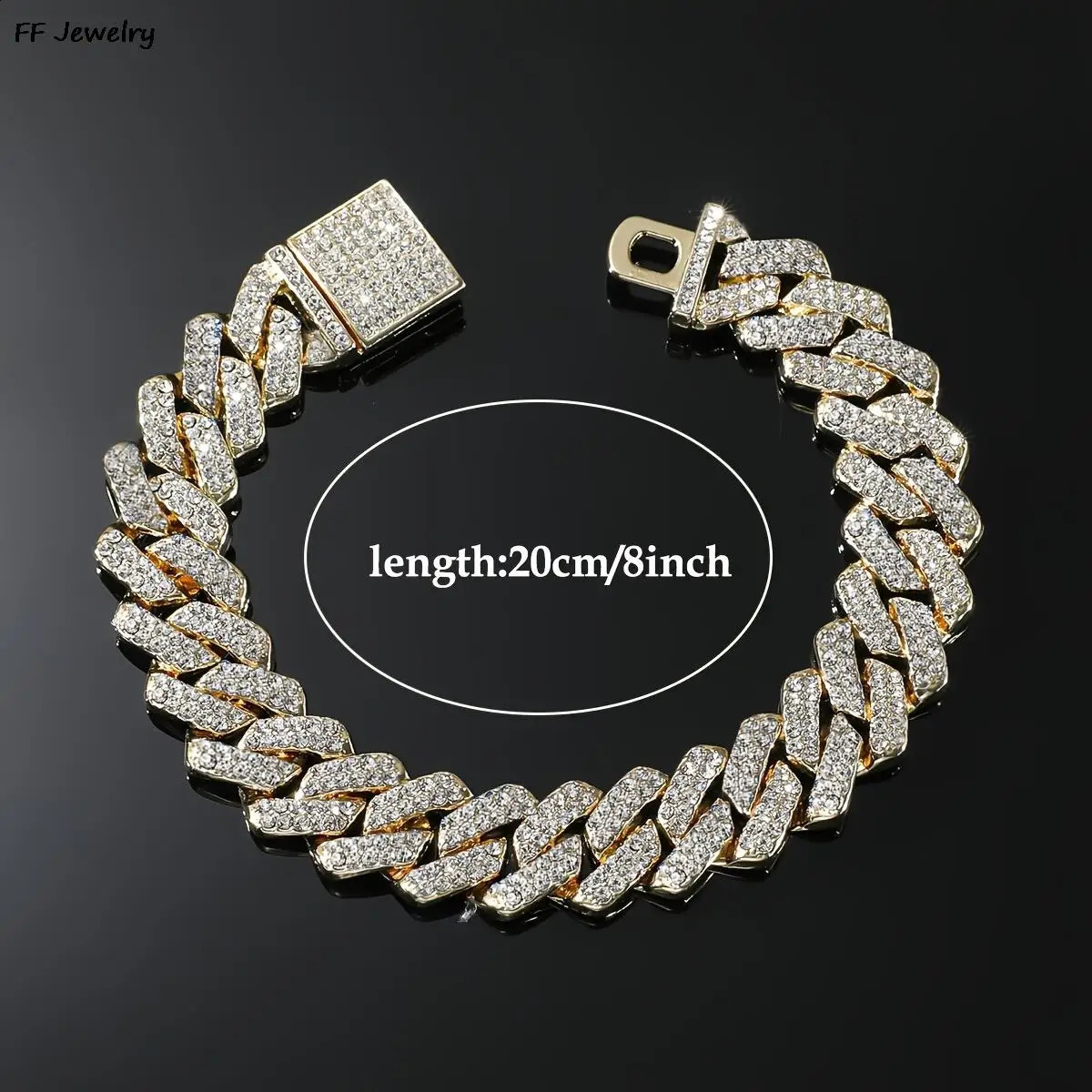 14mm Hip Hop Shiny Cuban Link Chain Bracelets Women Men Gold Color Rhinestone Iced Out Chain Bracelets Punk Wristband Jewelry 240717