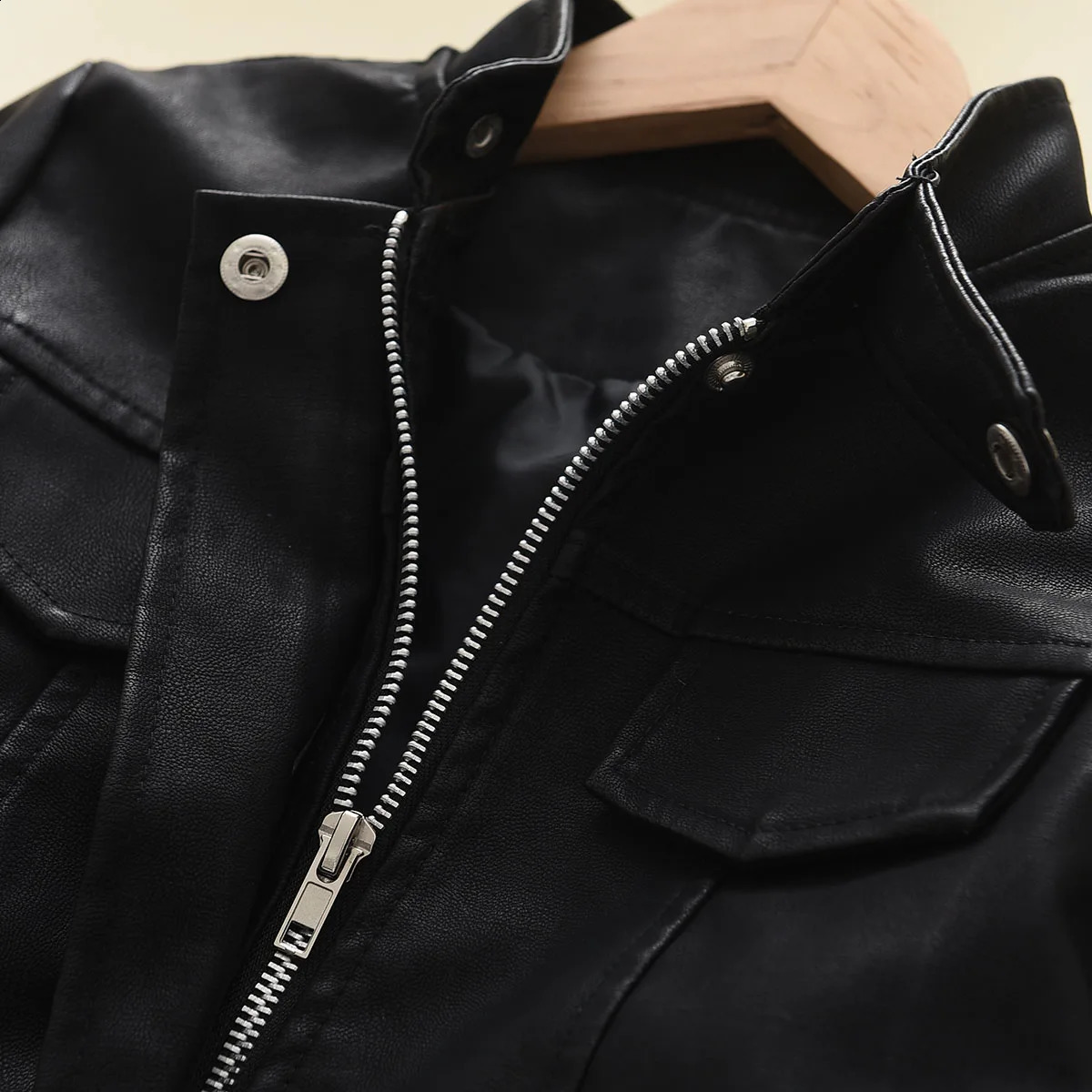 hibobi Toddler Boy Solid Color Casual Fashion Button and Pocket Front Stand Up Collar Zipup Leather Jacket 240723