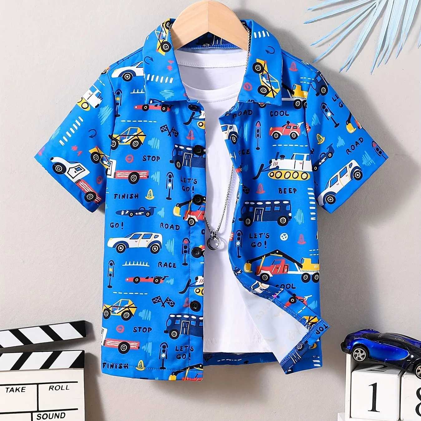 Childrens clothing creative cartoon pattern shirt for girls and boys casual short sleeved collar shirt top for boys daily summer clothingW240729