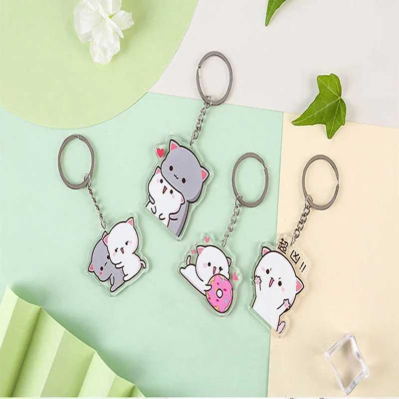 Mitao Cat Anime Keychain Net Red Cute Couple Peach Schoolbag Ornaments Surrounding Stand Pendant Charm Keyring GiftL240729