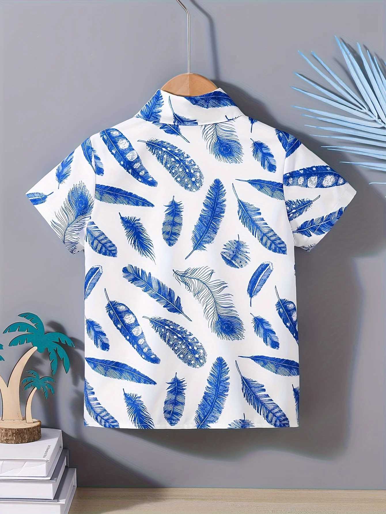 Boys blue feather short sleeved shirt summer childrens casual topW240729