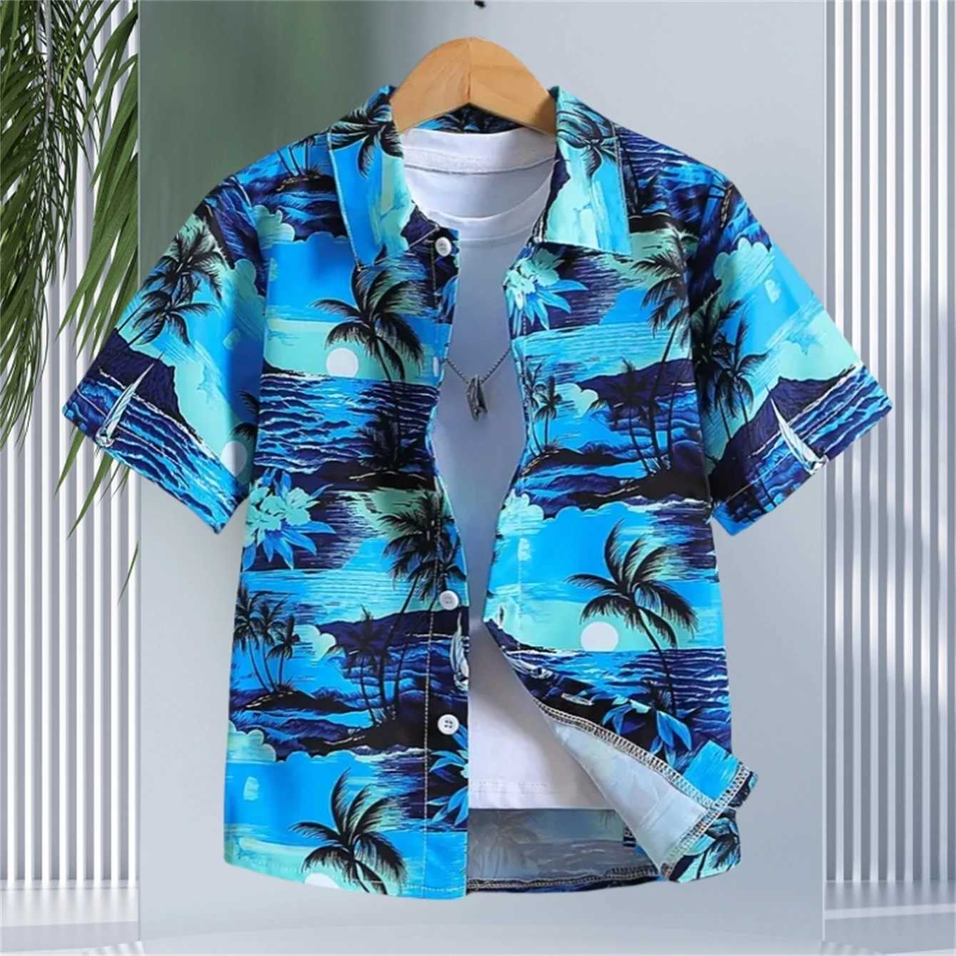 Boy coconut tree pattern shirt short sleeved jacket casual comfortable button loose breathable summer holiday shirt topW240729