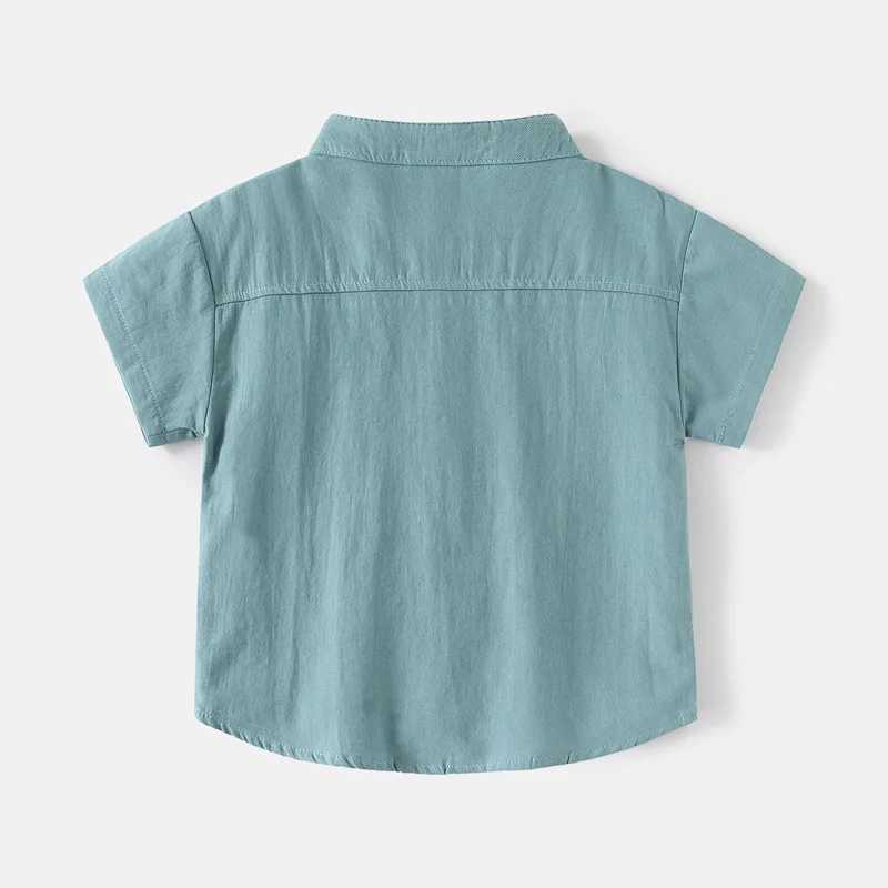 Childrens short sleeved shirt 2024 summer boys V-neck cotton shirt baby casual loose top 2-7-year-old childrens solid color T-shirtW240729