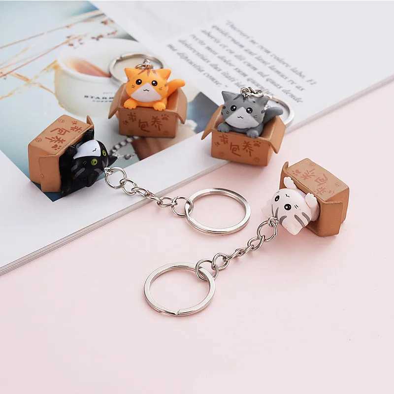 Cat And Box Cute Cat Couple Keychain Cat Car Key Chain Ladies Bag Pendant Small Jewelry Animal Key Ring Dating/Anniversar/GiftL240729