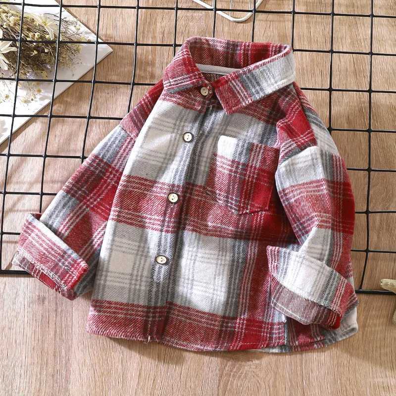 Boy Sleeping Automatic Checkered Shirt Childrens Retro Color Splicing Work Open Collar Woolen Sweater New Collar Top GirlW240729