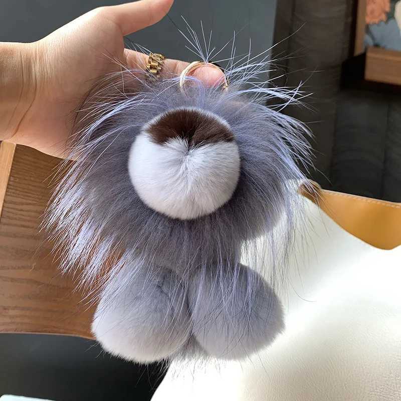 2024 Women Real Rex Rabbit Fur Bag Purse Ornaments Car Key Ring Fur Strap Kids Plush Toys Gift Cute Small Lion Pendant KeychainL240729