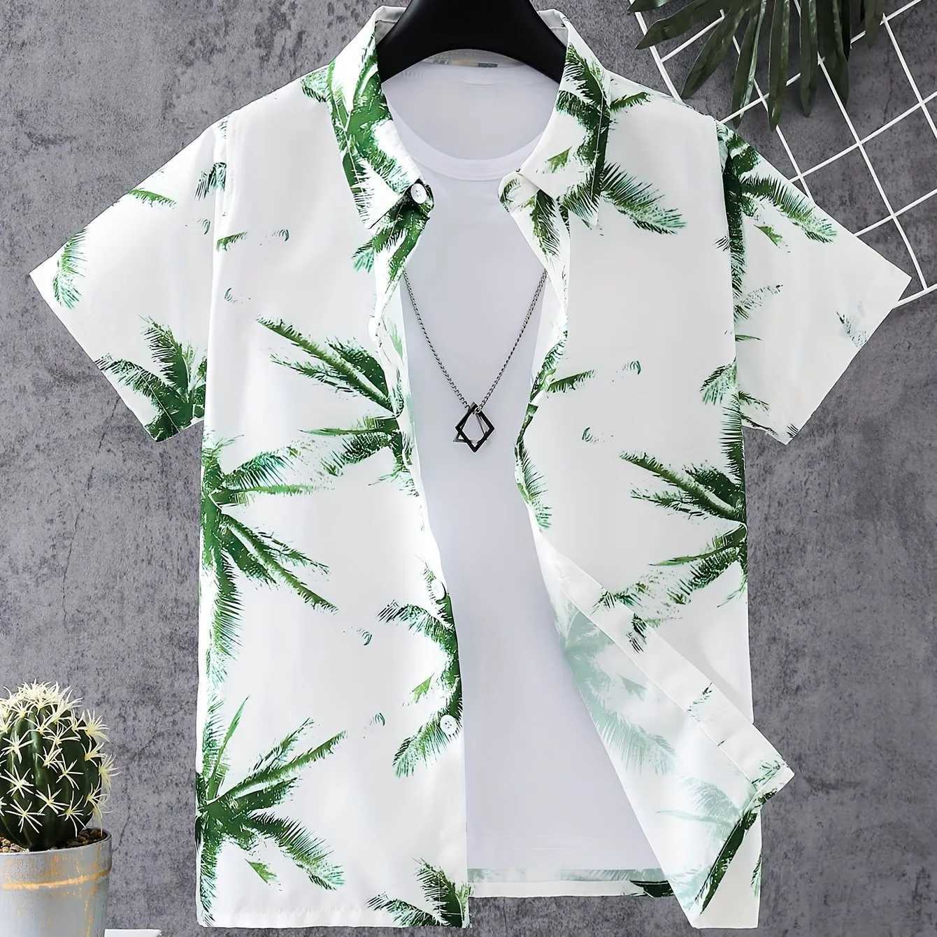 Fashionable coconut tree print boys creative collar shirt comfortable casual short sleeved shirt top boys summer clothingW240729