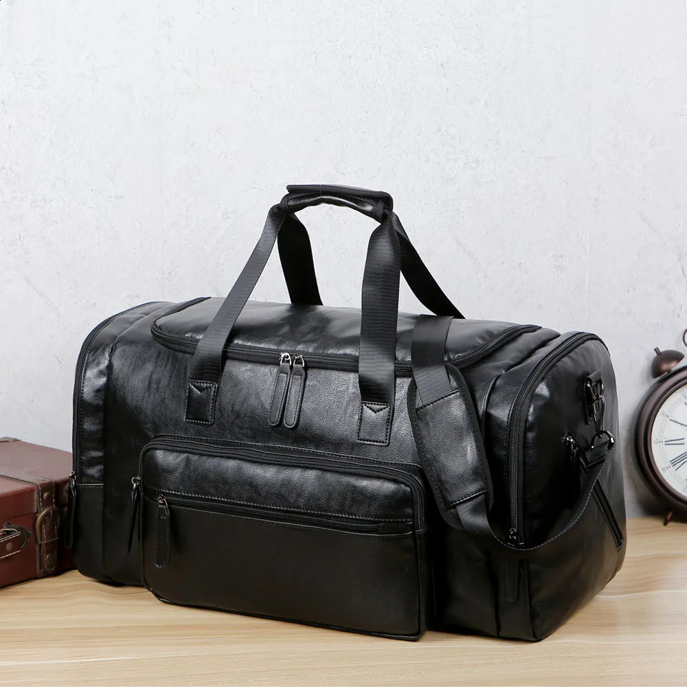 Mens large travel handbag soft leather business travel vacation handbag mens carry on luggage bag black brown PU shoulder bag 240821