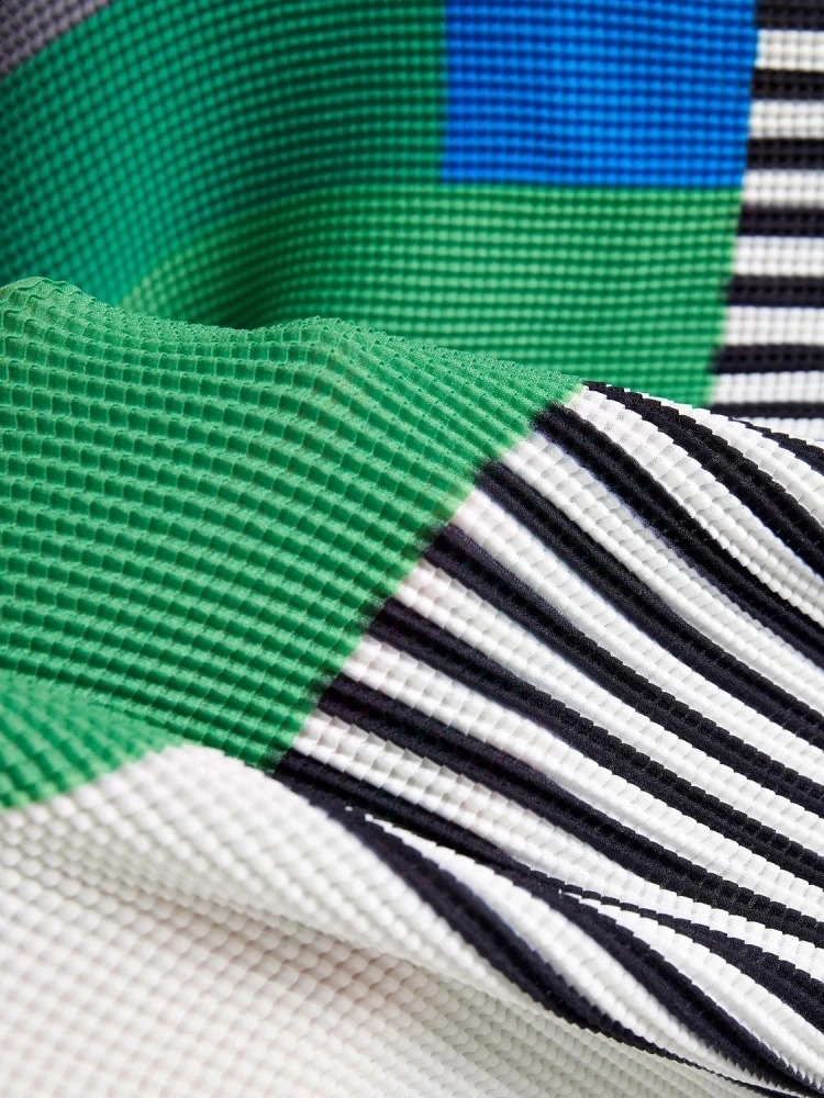 Contrast Color Jacquard Striped Pleated 2 Pieces Set Womens Long Sleeve Stretch TShirt Top Elastic Waist Miyake Skirt Suit 240729