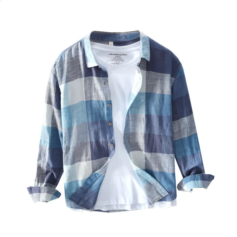 Men Clothing Simple Plaid Long-sleeved Cotton Linen Shirt Mens Casual Thin Literary Youth Breathable Loose Linen Shirt 240816