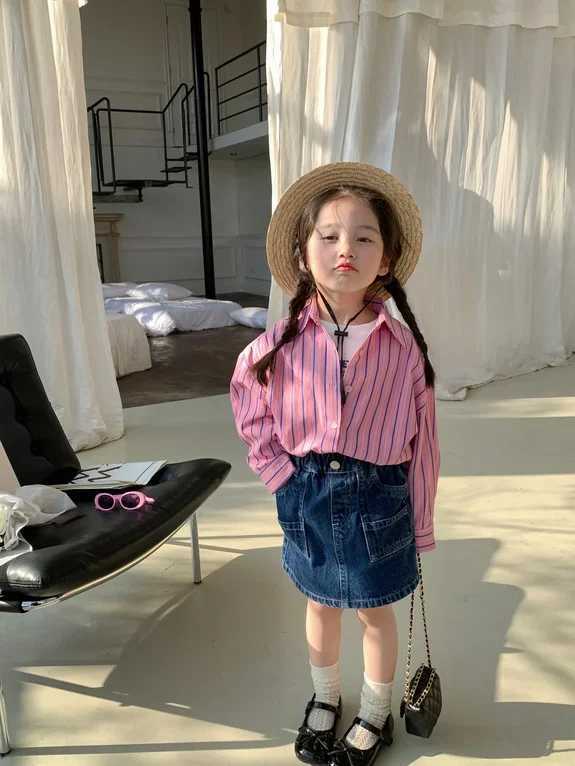Girls Korean style striped shirt 2023 spring new casual loose fully matched lapel comfortable top outdoor fashionW240729